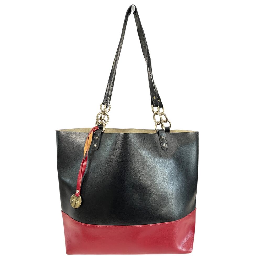 Fiore Leather Tote Black Red Colorblock Made Italy Shoulder Bag Gold Interior